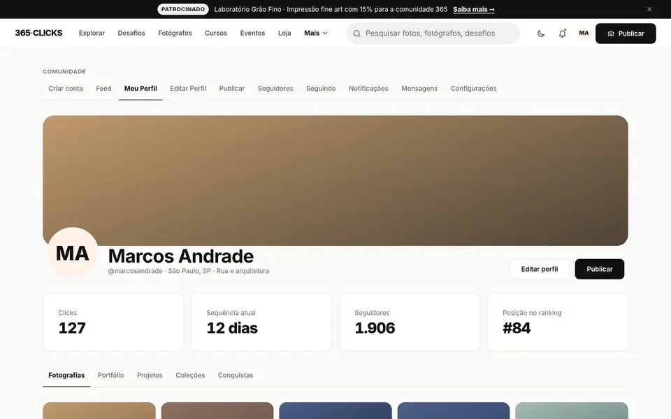 Perfil e portfólio do fotógrafo